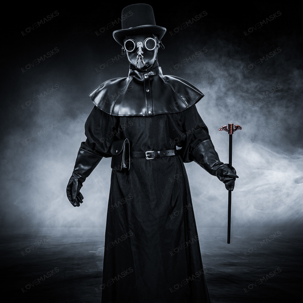 Plague Doctor with Bird Beak Mask & Top Hat Full Costume Set - Black Silver